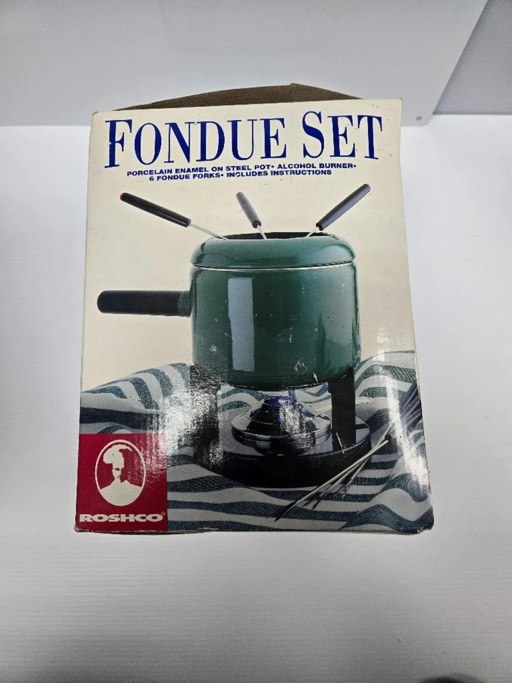 Rare Hunter Green Roshco Porcelain Enamel Fondue Pot Set 58901 Vintage Green